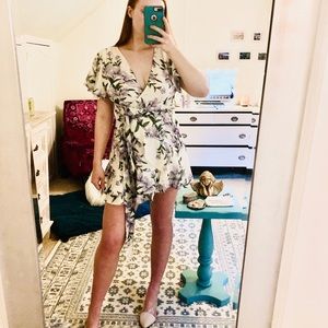 Floral flutter sleeve wrap dress